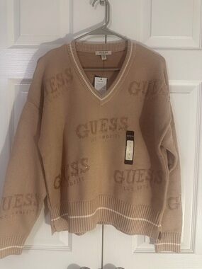 GUESS Beige V-Neck Logo Knit Sweater with Contrast Trim